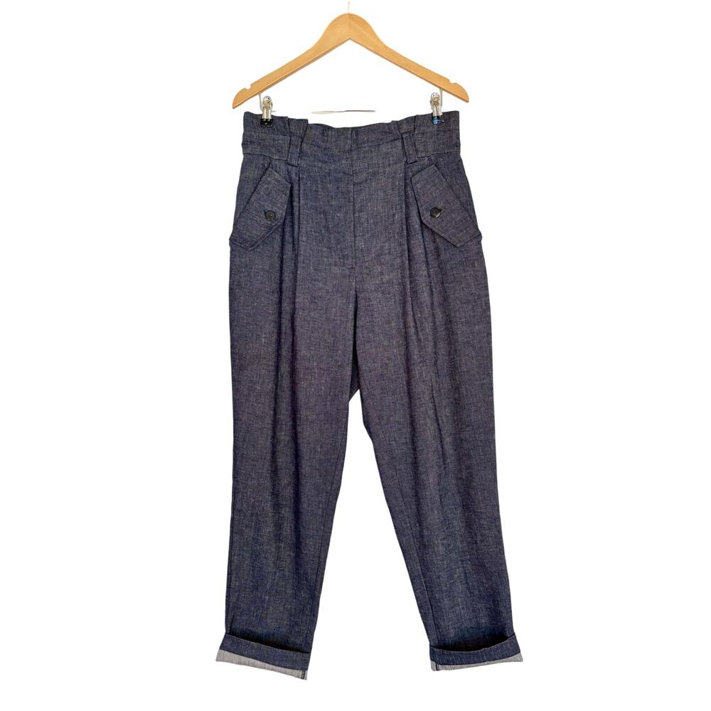$495 A.L.C. Linen Dark Blue Tailored Paper Bag Quiet Luxury Trousers- Size 10